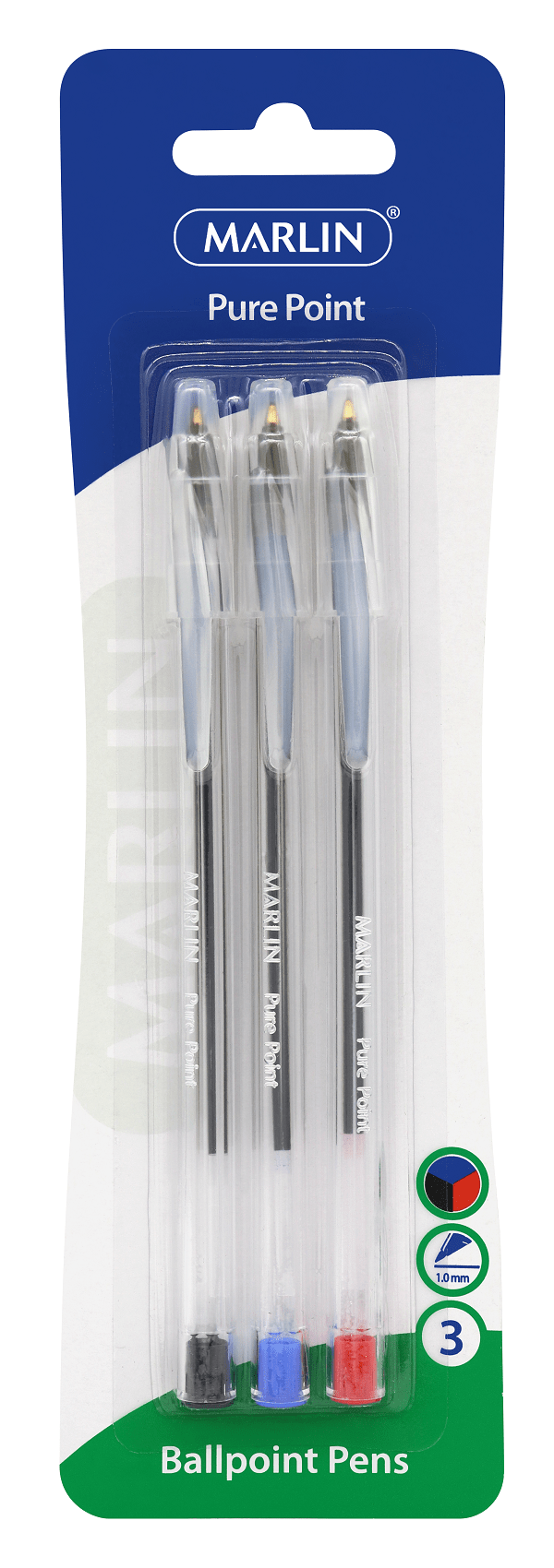 Marlin Pure Point Medium Transparent Ballpoint Pens – Assorted Ink (Blister of 3)