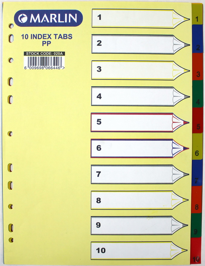 Marlin File 10 (1 – 10) Index Dividers Polyprop Bright Colours – 1 set of dividers