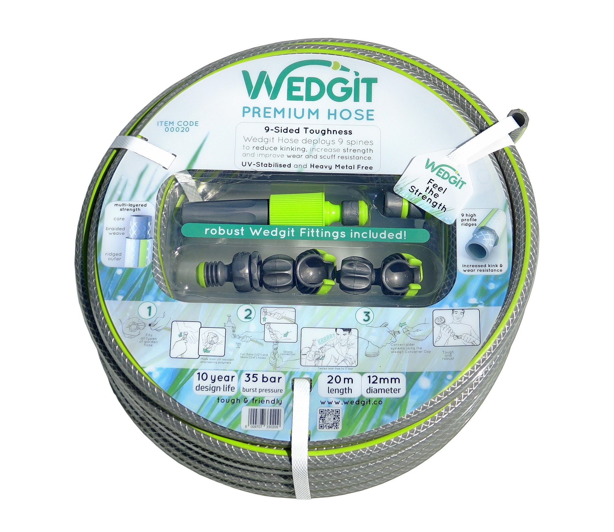 Wedgit Premium Garden Hose 12mm (1/2″) 20m 35bar with Connector Starter Set