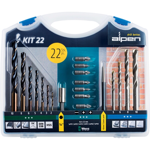 Alpen Drill And Screwdriver Bit Set 22 Piece In Carry Case Steel & Masonry