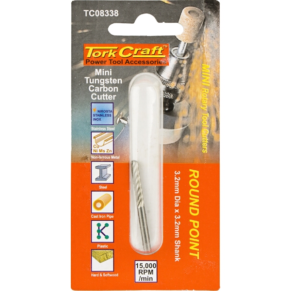 Tork Craft Mini Tungsten Carb. Cutter 2.4mm Round Point 3.2mm Shank