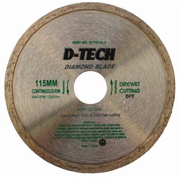 D-Tech Diamond Blade Continuous Rim 115×22.23mm Tiles