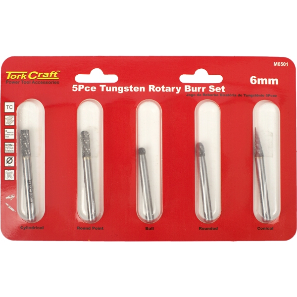 Tork Craft Rotary Burr Set 5 Piece Asstd 6mm Dia Tungsten