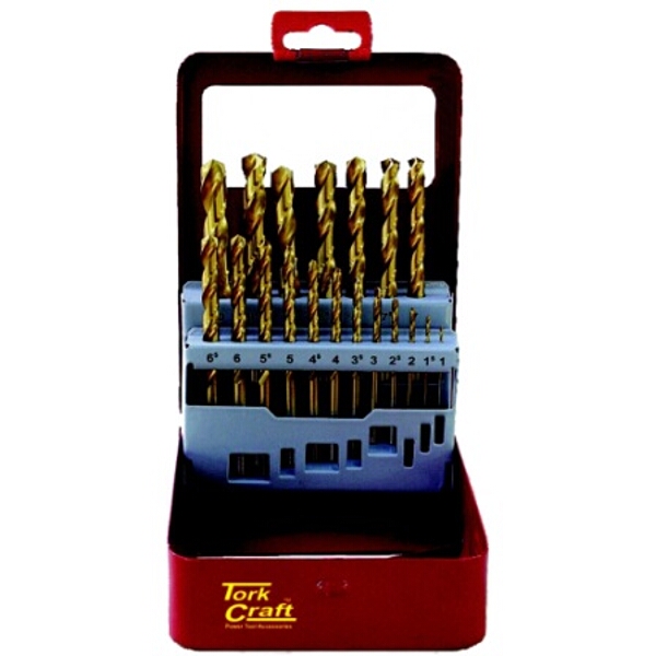 Tork Craft Drill Bit Set 19 Piece Tin. Coated Metal Case