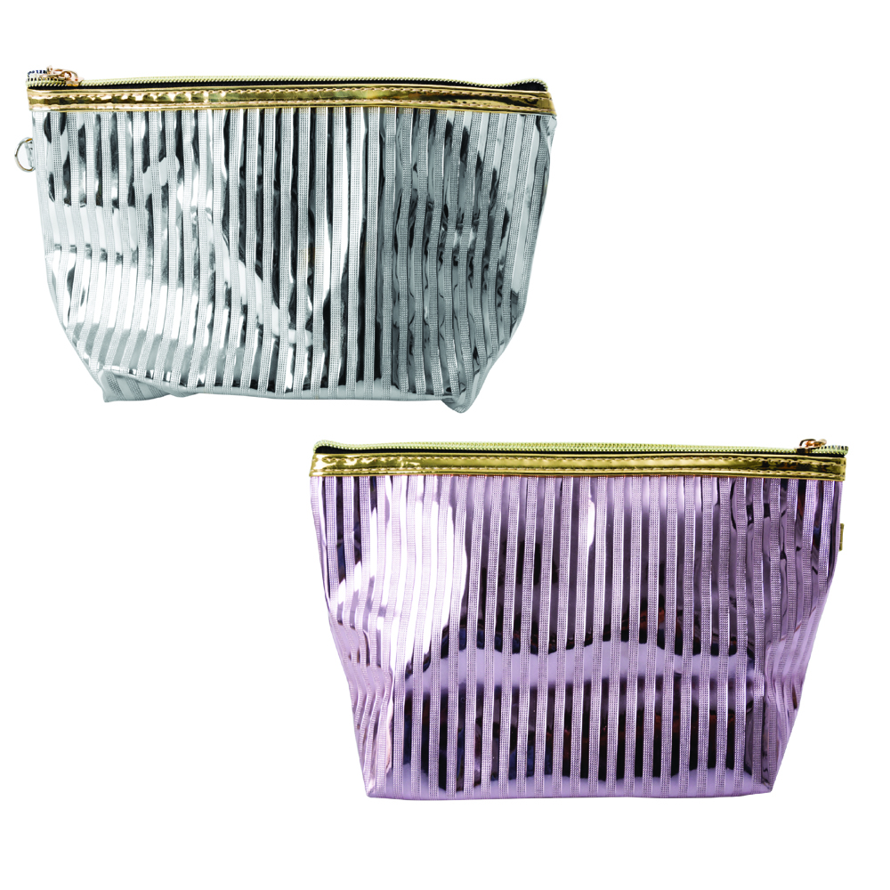 Cosmetic Metallic Stripped Bags- Purple & Silver