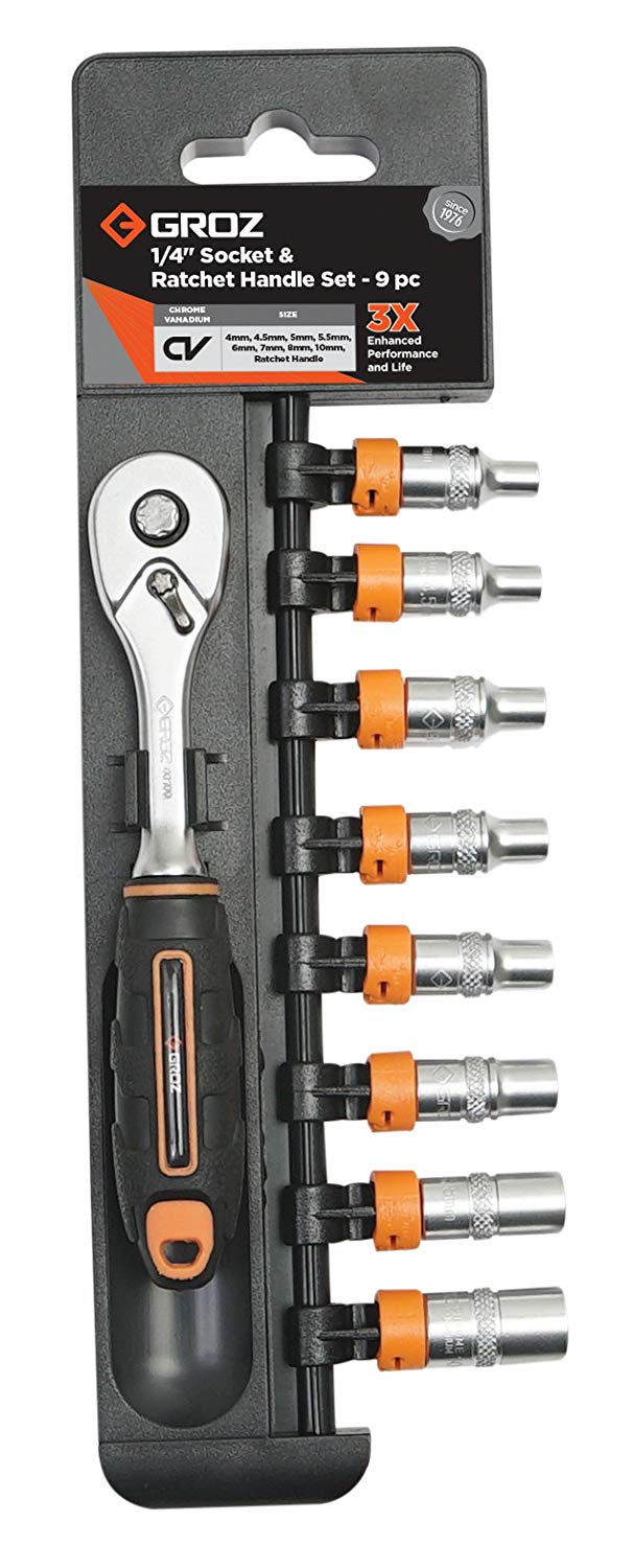Groz Socket Set  Hex 1/4 Inch Drive – 9 Piece (4mm – 10mm)