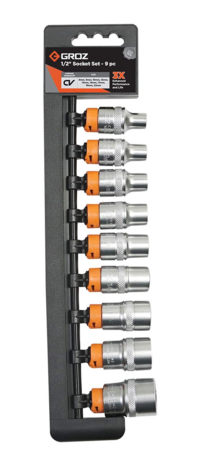 Groz Socket Set  Hex 1/2 Inch Drive – 9 Piece (8mm – 22mm)
