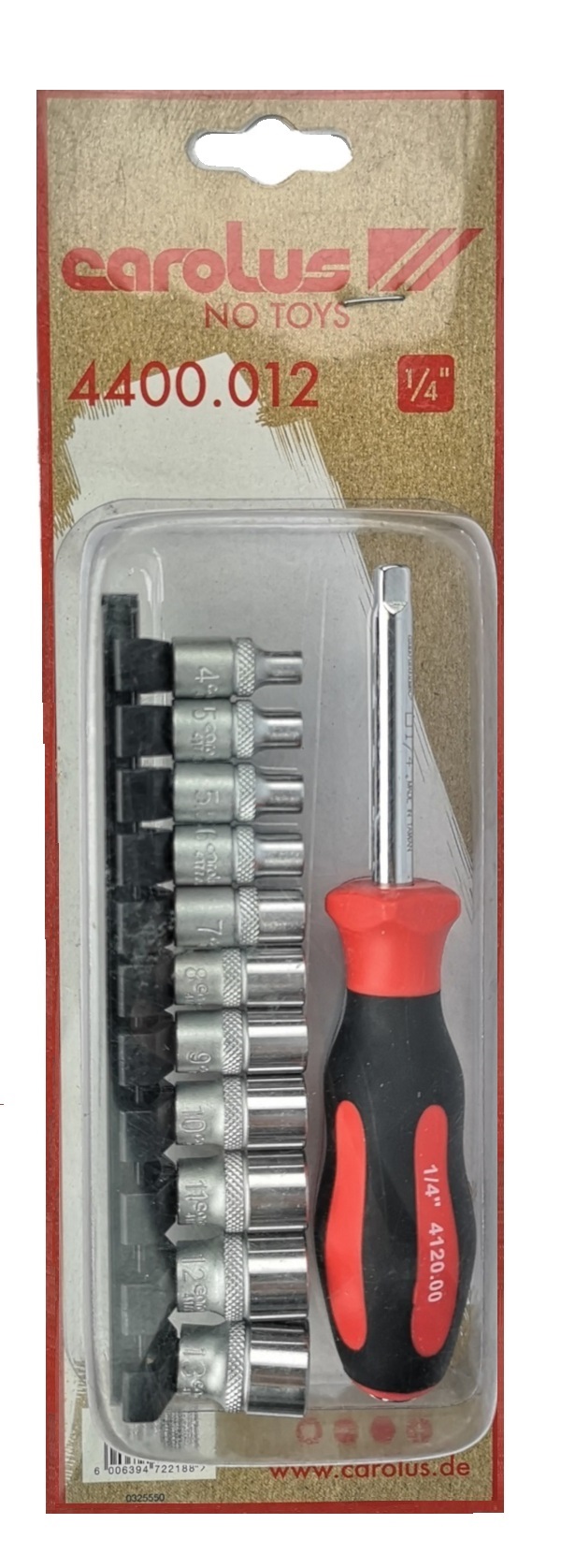 Carolus 1/4″ Socket Set on Rail with Driving Handle – 12 Piece