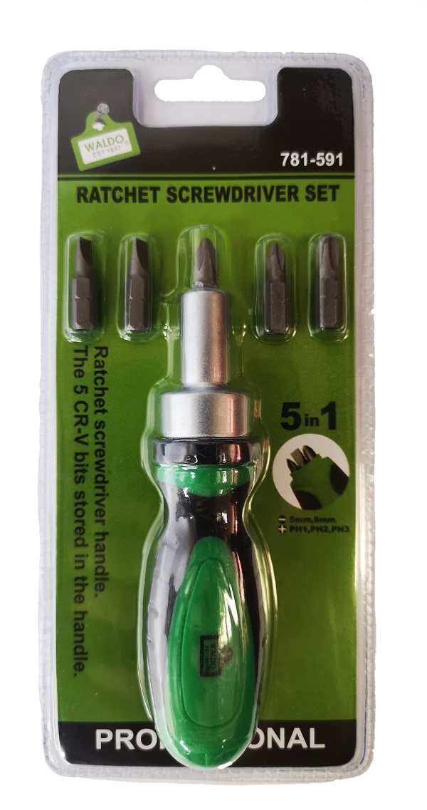 Waldo – Ratchet Screwdriver Set  – Handle with 5 Bits