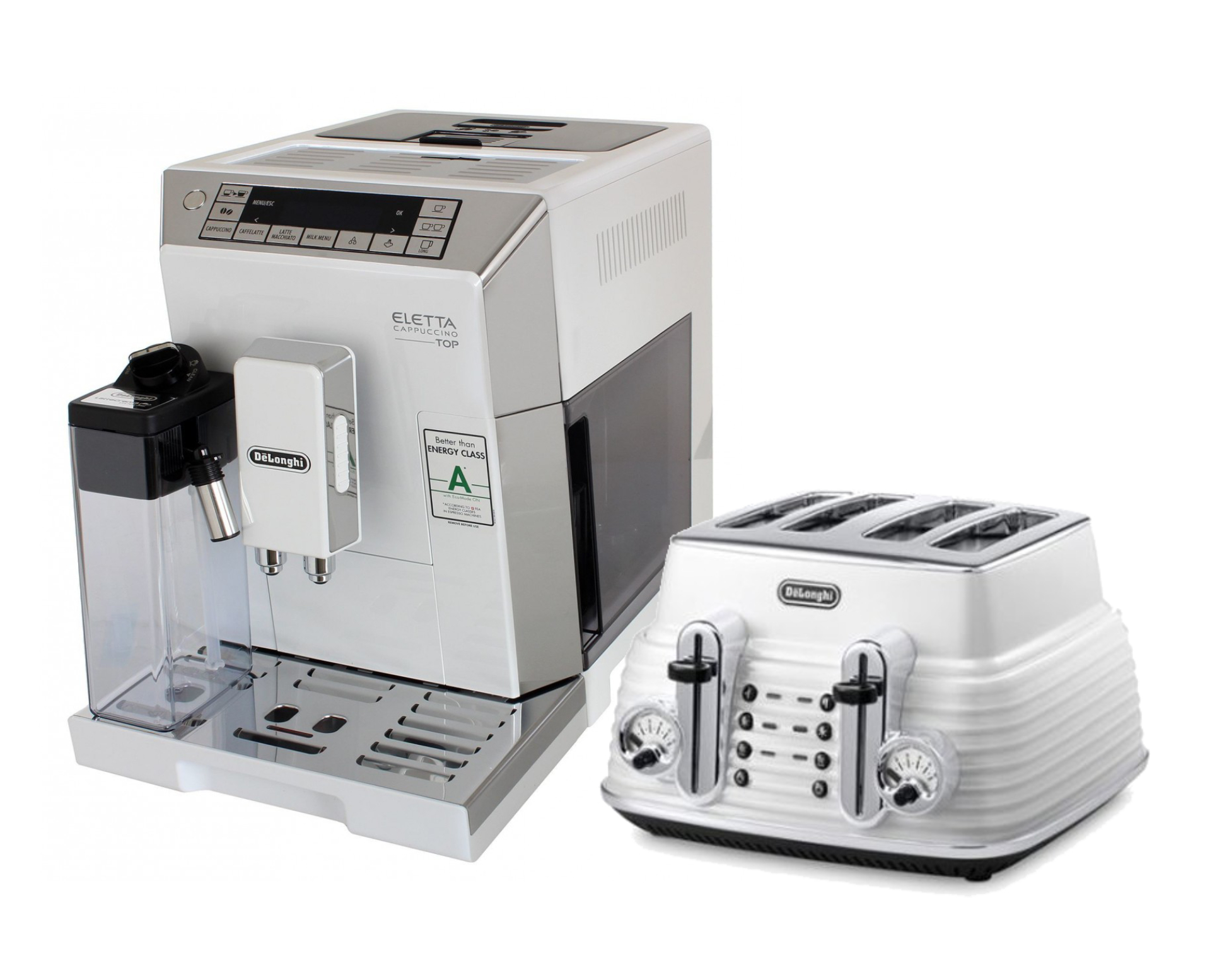 De’Longhi Eletta Cappuccino Top ECAM45.760W & White Scultura Toaster