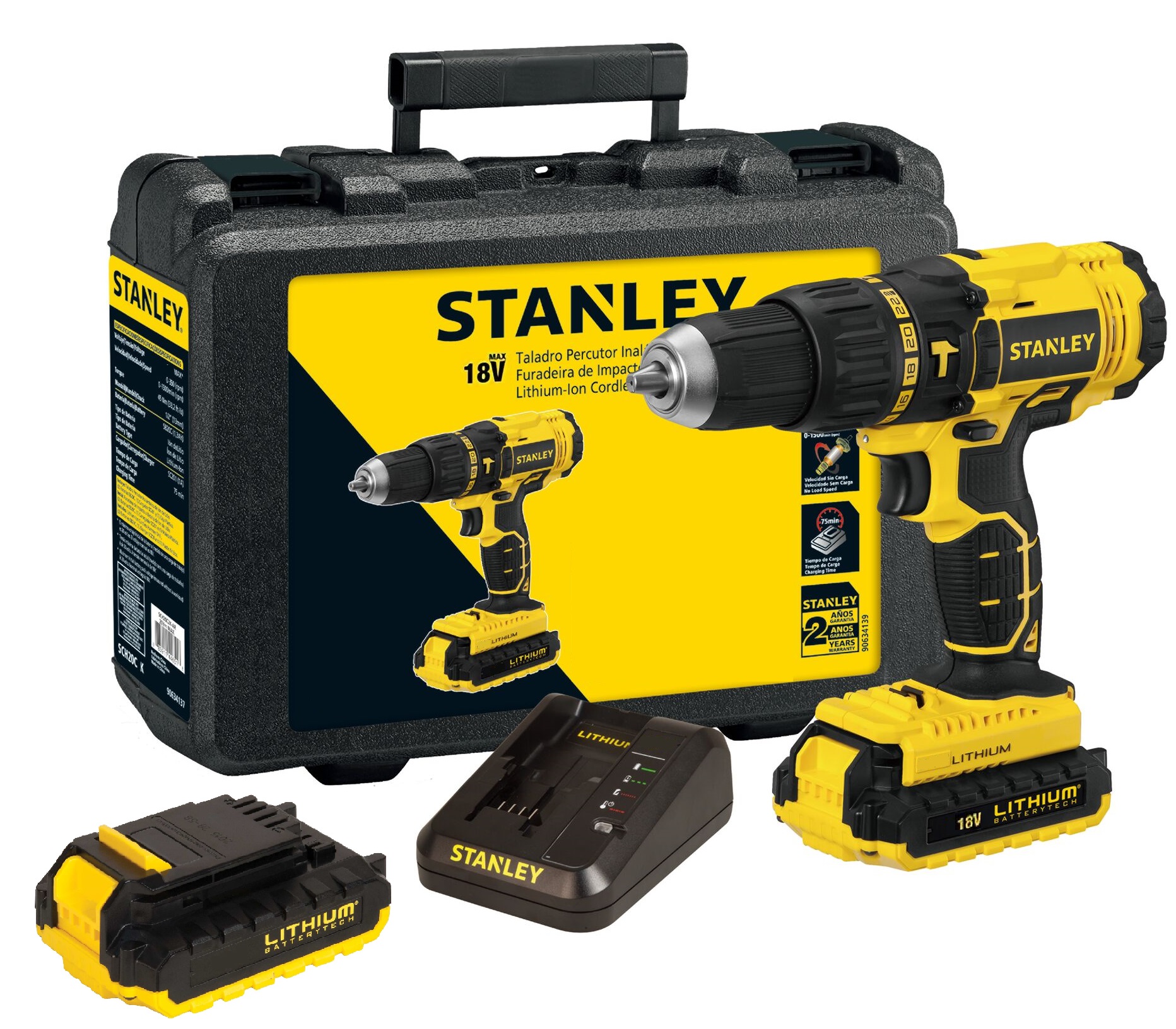 STANLEY 18V Pro Cordless Hammer Drill + 2×1.5Ah Battery + Kitbox