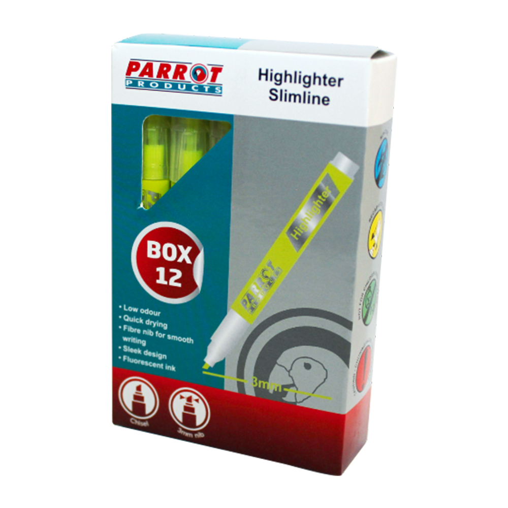 Parrot Slimline Marker Highlighters (Box of 12 – Yellow)