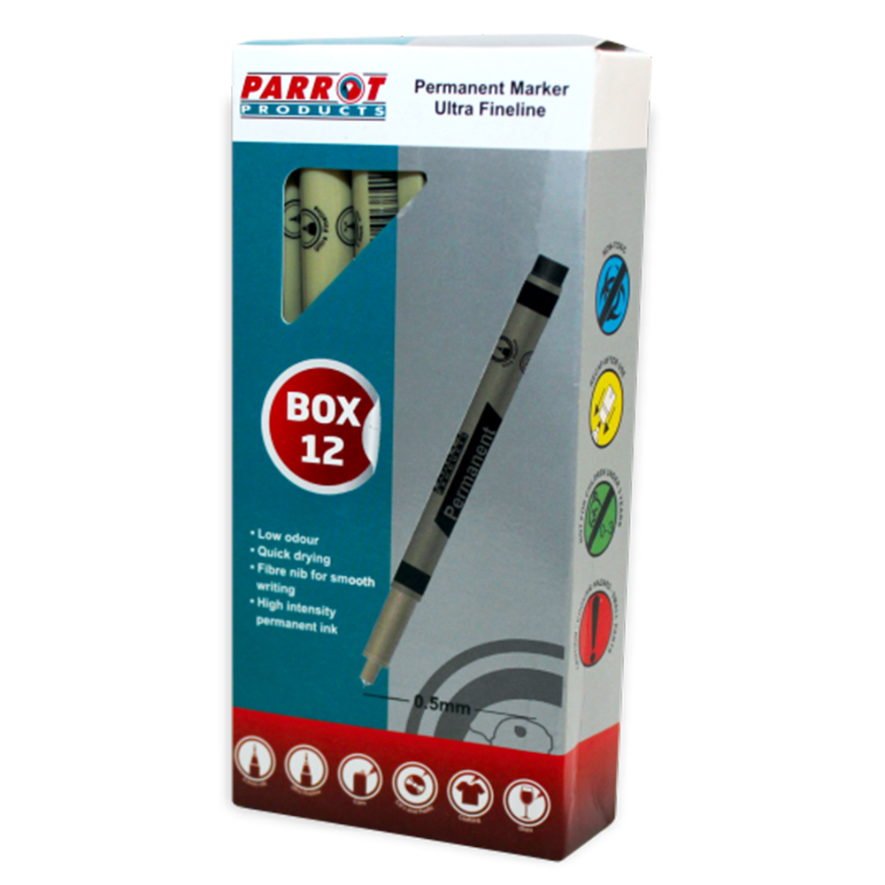 Parrot Ultra Fineliner Permanent Markers (Box of 12 – Black)