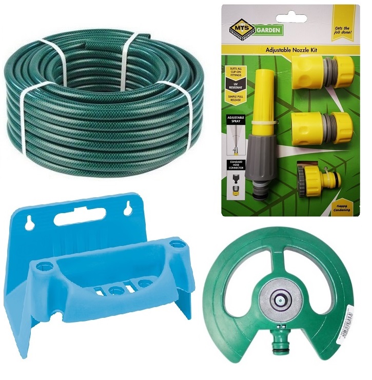 Hose Pipe Set (30m) with Fittings, Pyramid Sprinkler and Hose Reel Hanger
