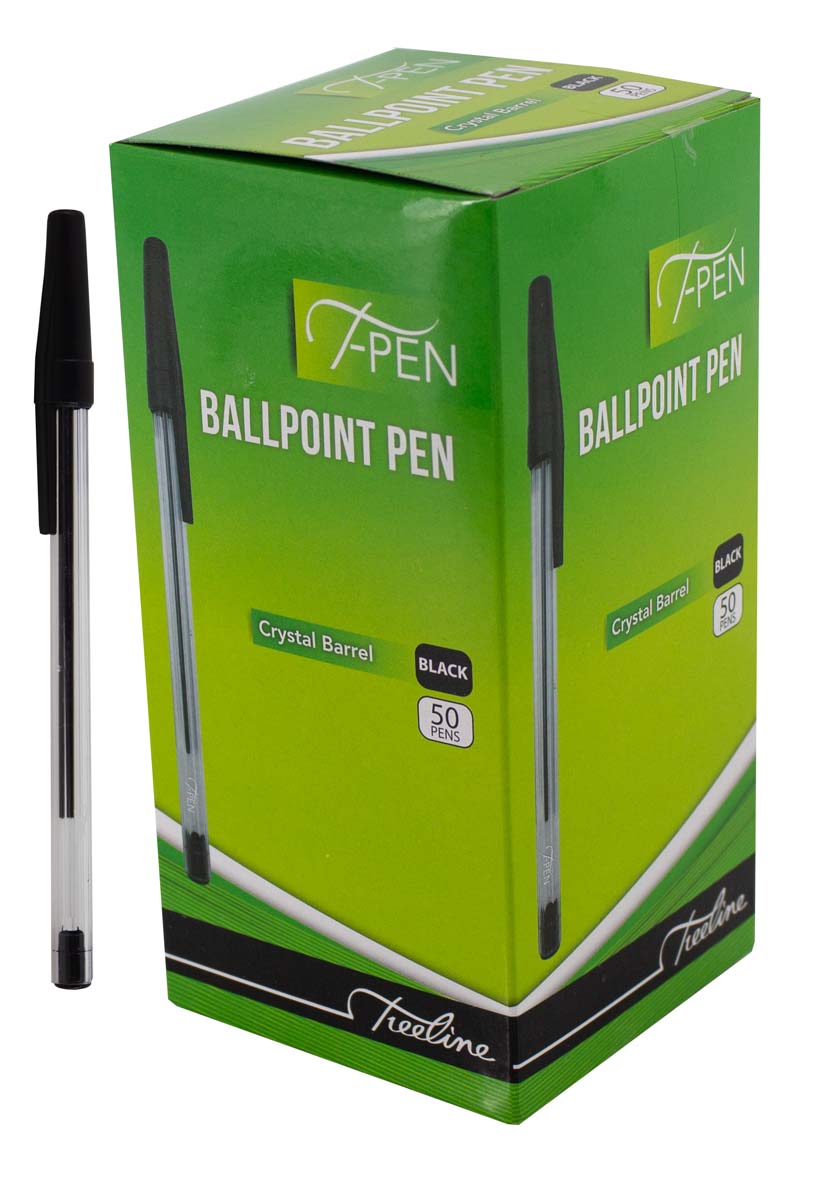 Treeline Ballpoint Pens Crystal Barrel T-Pen Black – Box of 50
