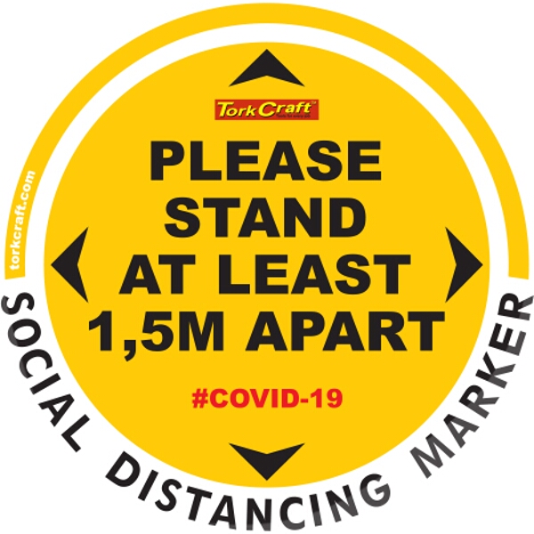 Covid 19 – 300mm Round Social Distancing Graphic – Tork Craft Yellow 1.5 Mtr Apart