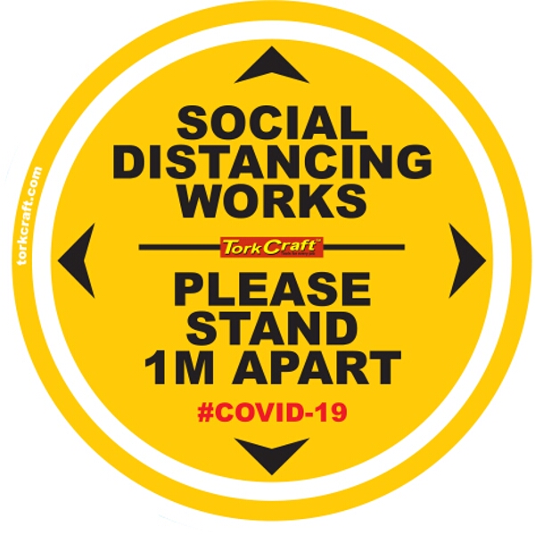 Covid 19 – 400mm Round Social Distancing Graphic – Tork Craft Double Yellow 1.0 Mtr Apart Please