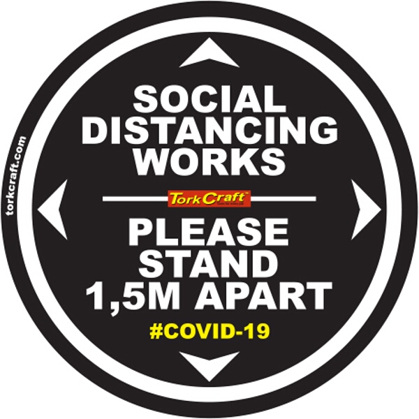 Covid 19 – 400mm Round Social Distancing Graphic – Tork Craft Double Black 1.5 Mtr Apart Please