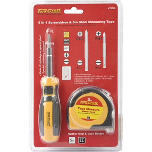 6 In 1 Screwdriver & 5Mt Steel Measuring Tape