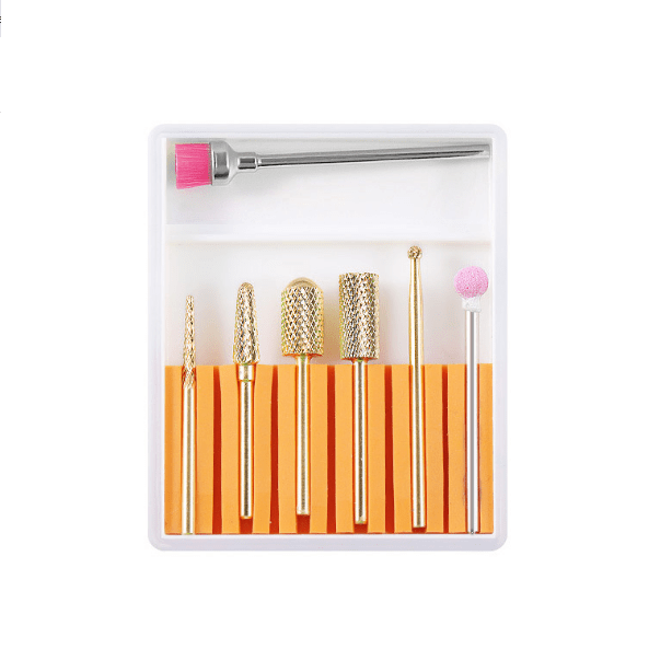 6 Piece Manicure Drill Bit Set and Cleaning Brush – Gold
