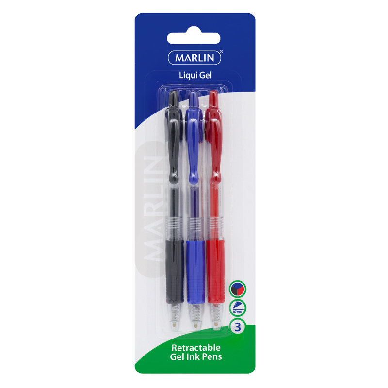 Marlin Liqui Gels retractable gel ink 3’s assorted