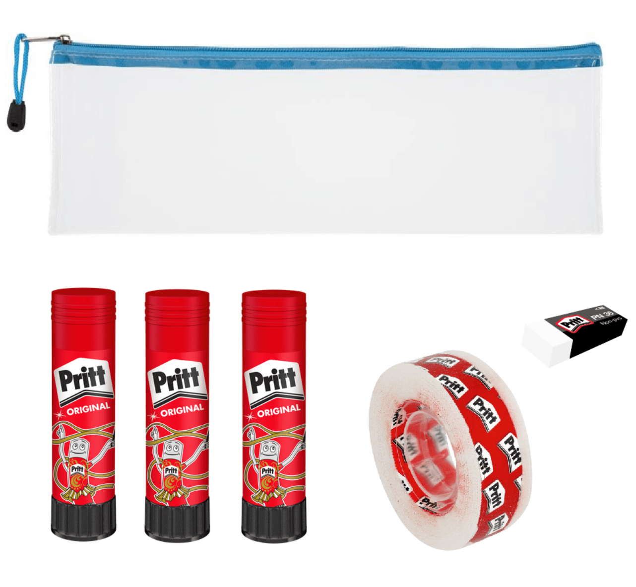 Pritt Stick 43g Glue Stick Pack of 3 + Free Pencil Bag, Eraser & Tape