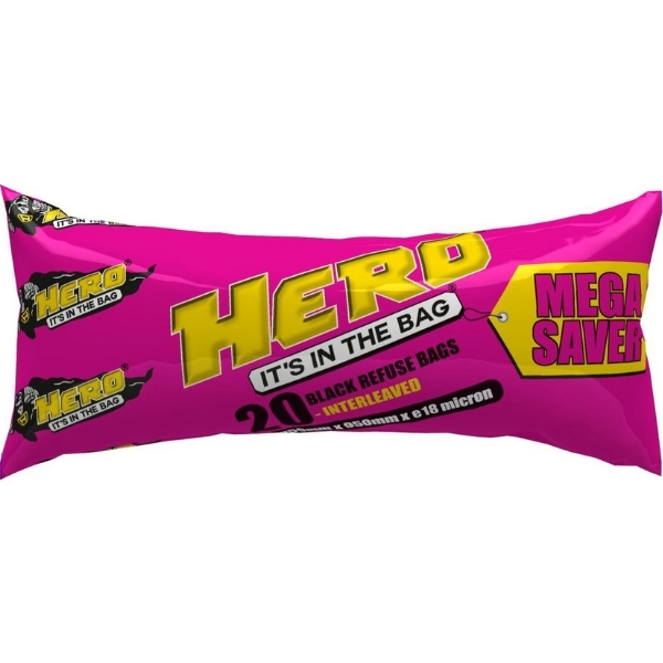Hero – 20 Interleaved Black Refuse Bags – Mega Saver – e18micron