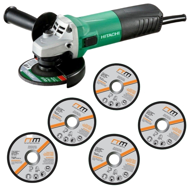 Hitachi – Disc Grinder & Pack Of 5 115mm Grinding Discs Combo