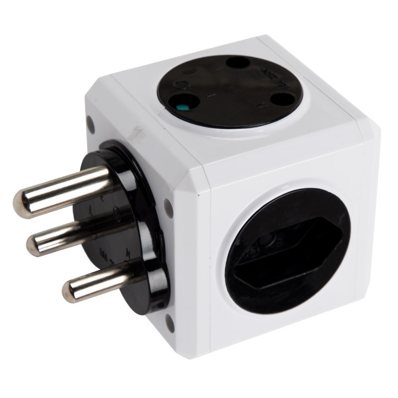 Multi socket Cube Adaptor: 2 USB + 1 three pin + 1 round 2 pin + 2 flat