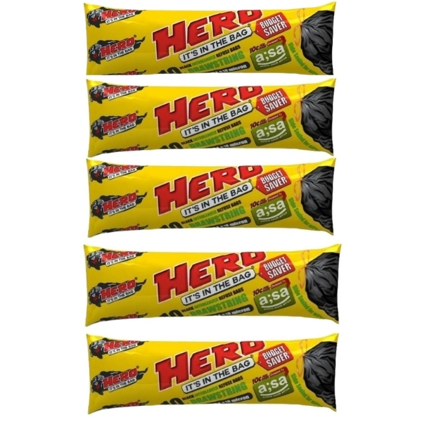 Hero – Interleaved Black Refuse Bags – Pack Of 5 – 10 Bags Each – e18micron
