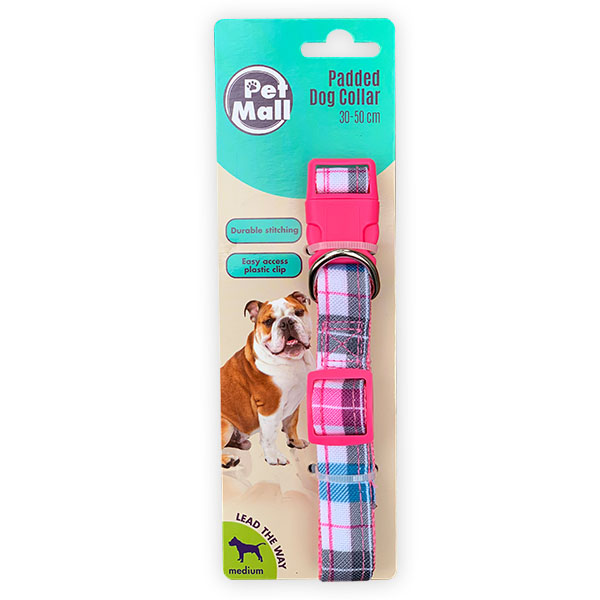 Pet Mall – Padded Dog Collar – Tartan – 30cm to 50cm – Pink