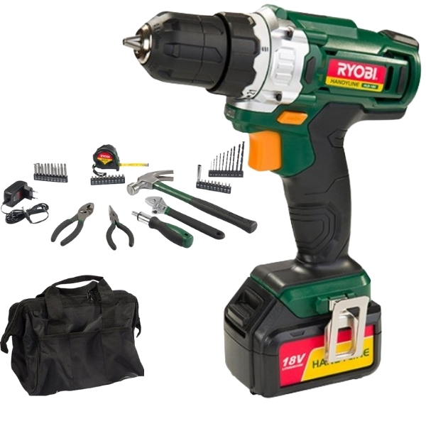 Ryobi Handyline 18V Driver Drill Kit Drill, Drill Bits, Tools, Belt Hook & Bag