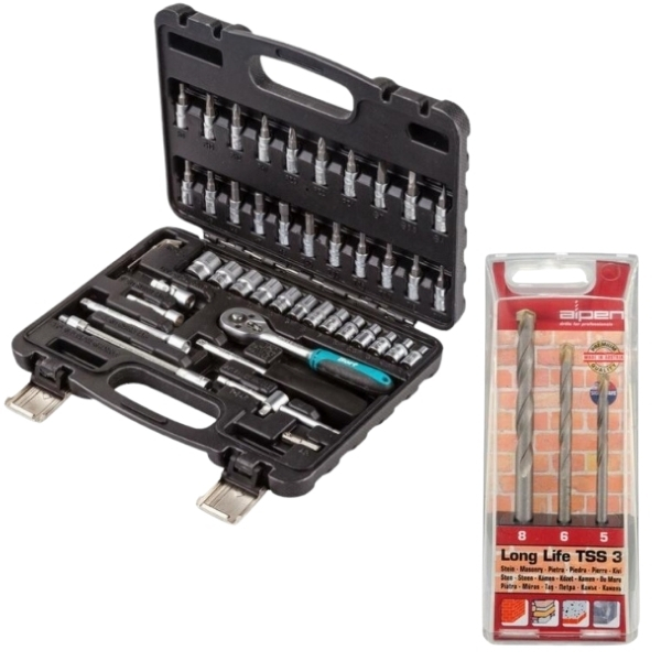 Bort – Socket Set (1/4″ Drive – 46 Piece) & Alpen Masonry Drill Bit Set (3 Piece)