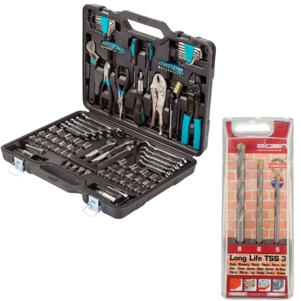 Bort -Socket and Spanner Set (123 Piece) & Alpen Masonry Drill Bit Set (3 Piece)