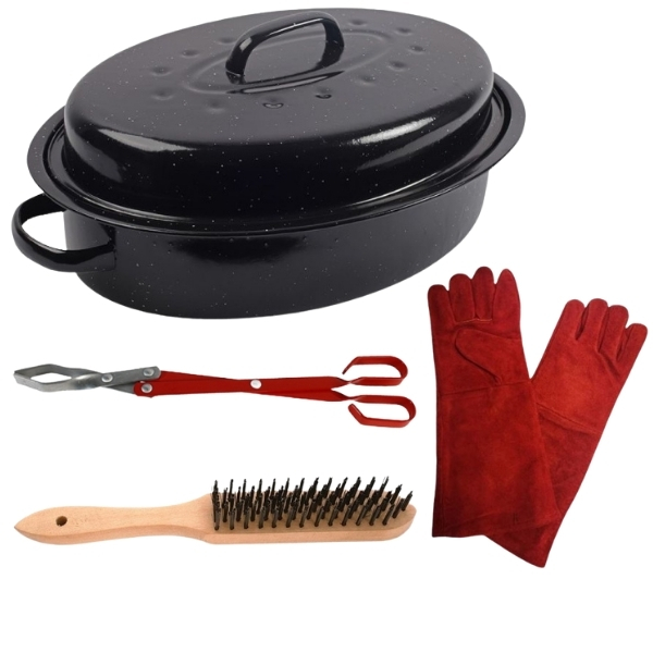 Braai Bundle – Roasting Dish, Braai Gloves, Tong & Brush Combo – (4 Piece)