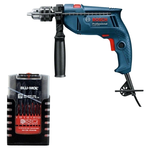 Bosch – Impact Drill (GSB570) and Blu-Mol High Speed Drill Bit Set (19 Piece)
