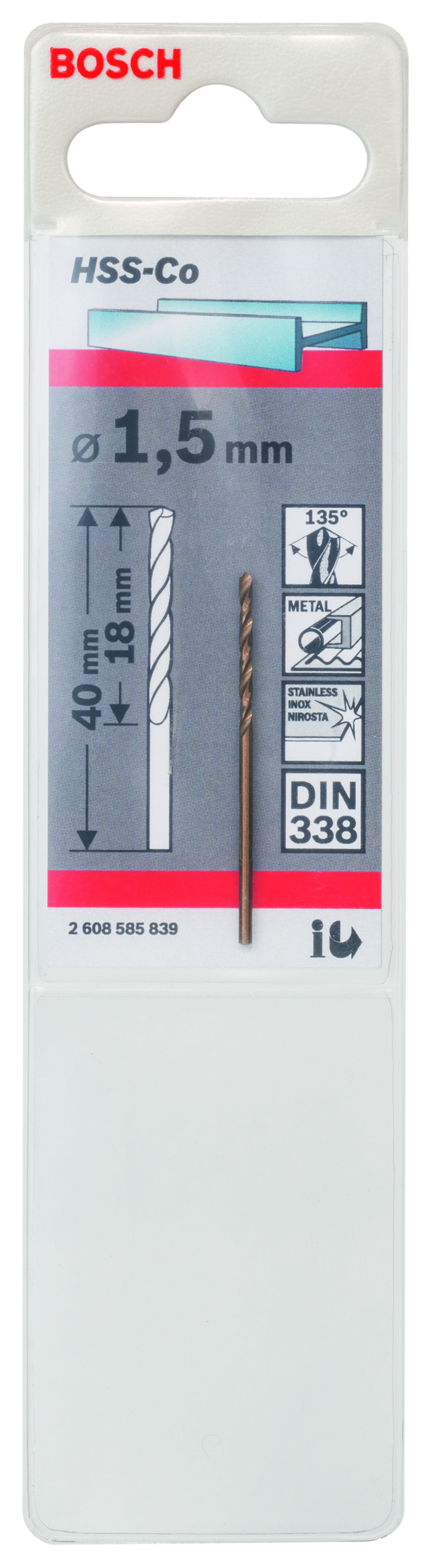 HSS-Co Metal Drill Bits, DIN 338 1,5 x 18 x 40 mm