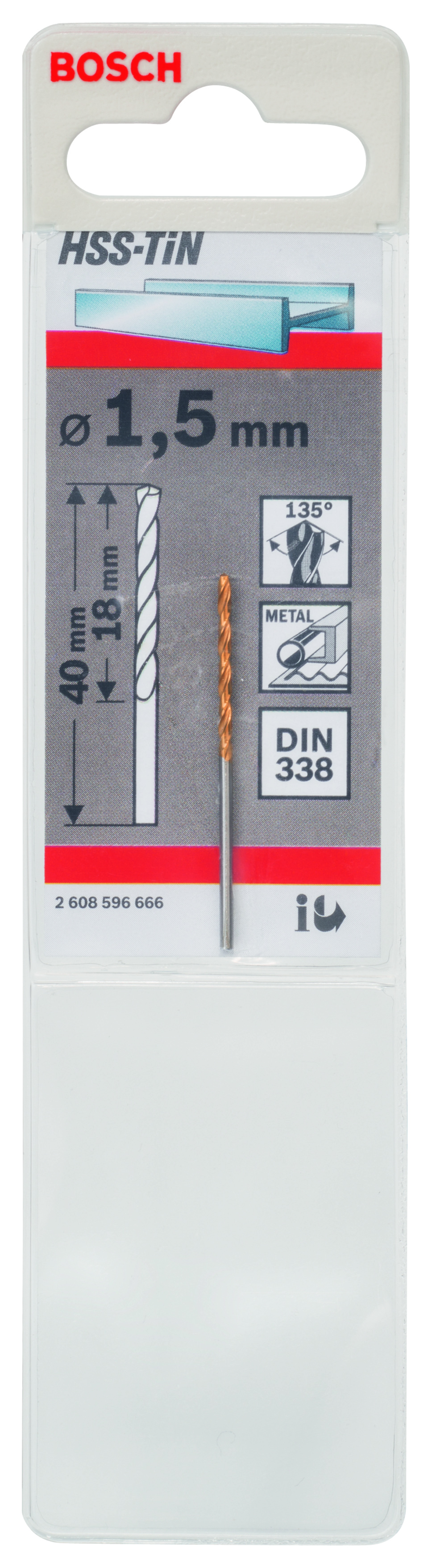 HSS-TiN Metal Drill Bits, DIN 338 1,5 x 18 x 40 mm