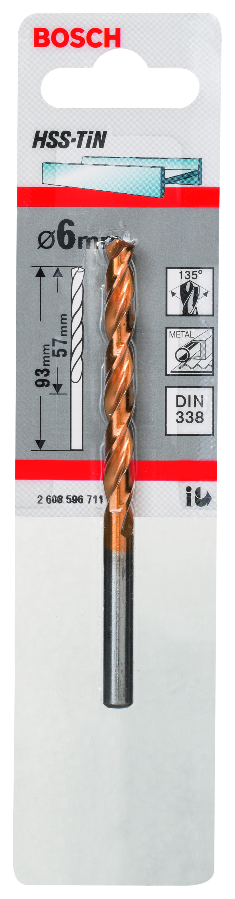 HSS-TiN Metal Drill Bits, DIN 338 6 x 57 x 93 mm