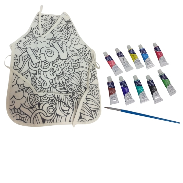 Khoki – Children’s Painting Apron Love (47 x 34cm) & 10 x 6ml Fabric Paint