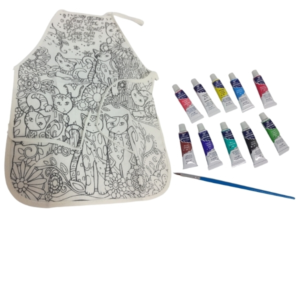 Khoki – Children’s Painting Apron Kitten(47 x 34cm) & 10 x 6ml Fabric Paint