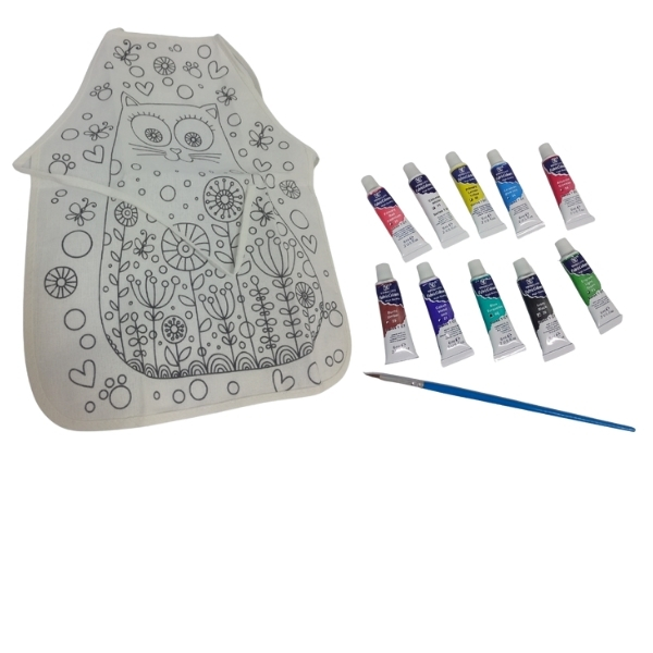 Khoki – Children’s Painting Apron Owl (47 x 34cm) & 10 x 6ml Fabric Paint