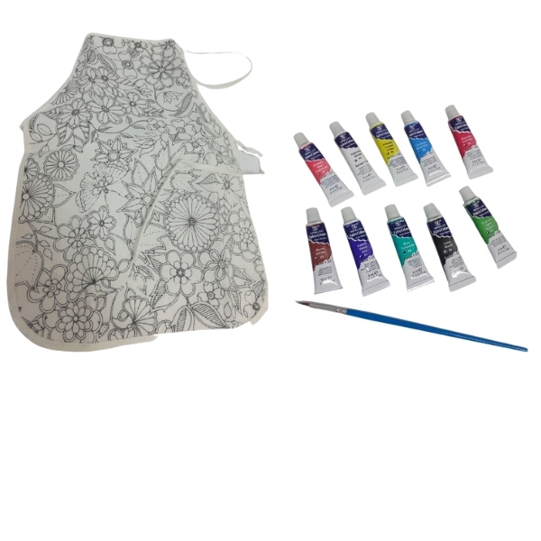 Khoki- Children’s Painting Apron Flowers(47 x 34cm) & 10 x 6ml Fabric Paint
