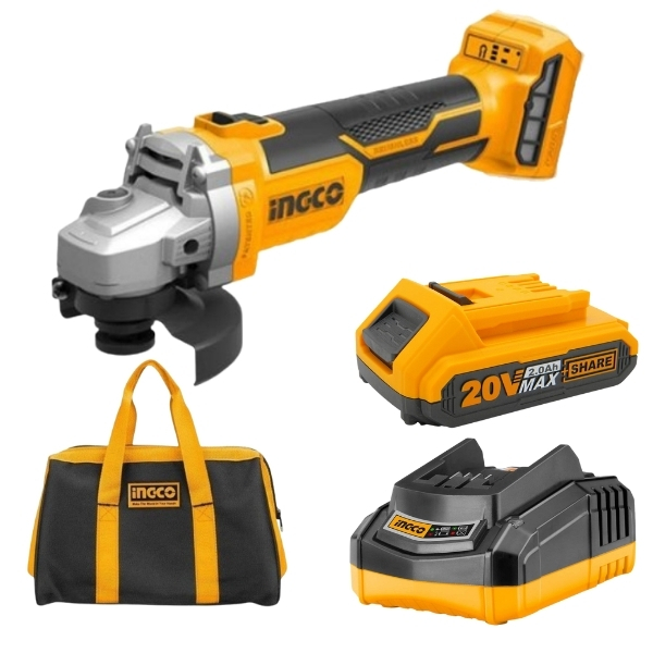 Ingco – Angle Grinder , 2.0Ah Battery, Charger & Canvas Tool Bag