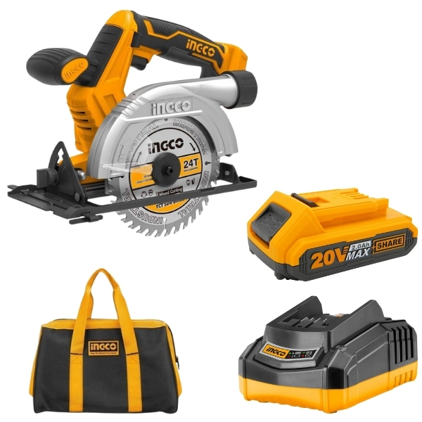 Ingco – Cordless Circular Saw, 2.0Ah Battery, Charger and Canvas Tool Bag