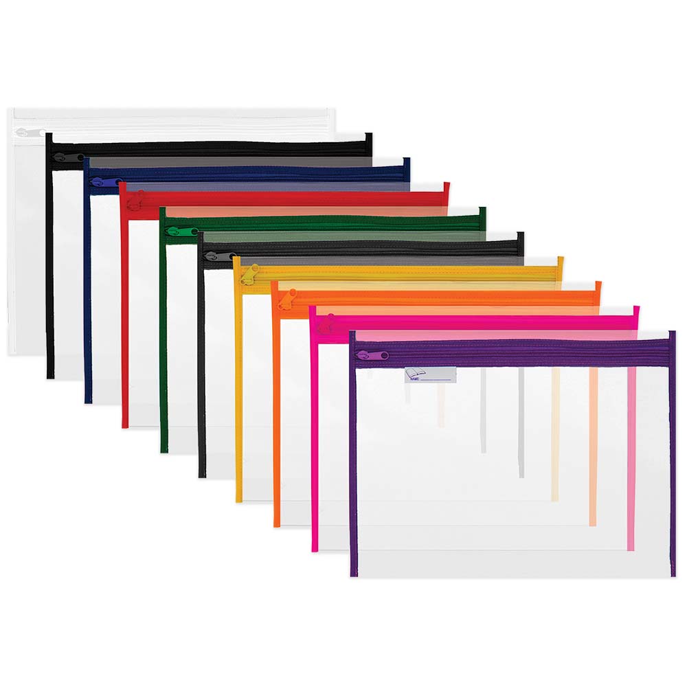 Treeline Clear PVC Book Bags with Assorted Colour Binding and Zip – Pack 10