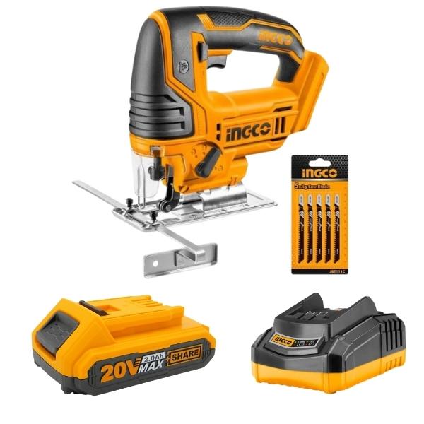Ingco – Cordless Jigsaw with 5 Piece Saw blades, 1 x 2.0Ah & 1 x Fast Charger