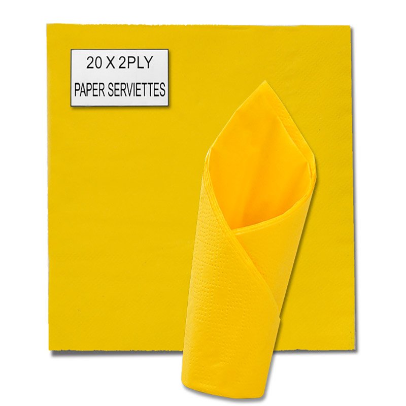 Serviettes – 2 Ply – Catering Accessories -Plain Yellow – 33cm – 20 Piece