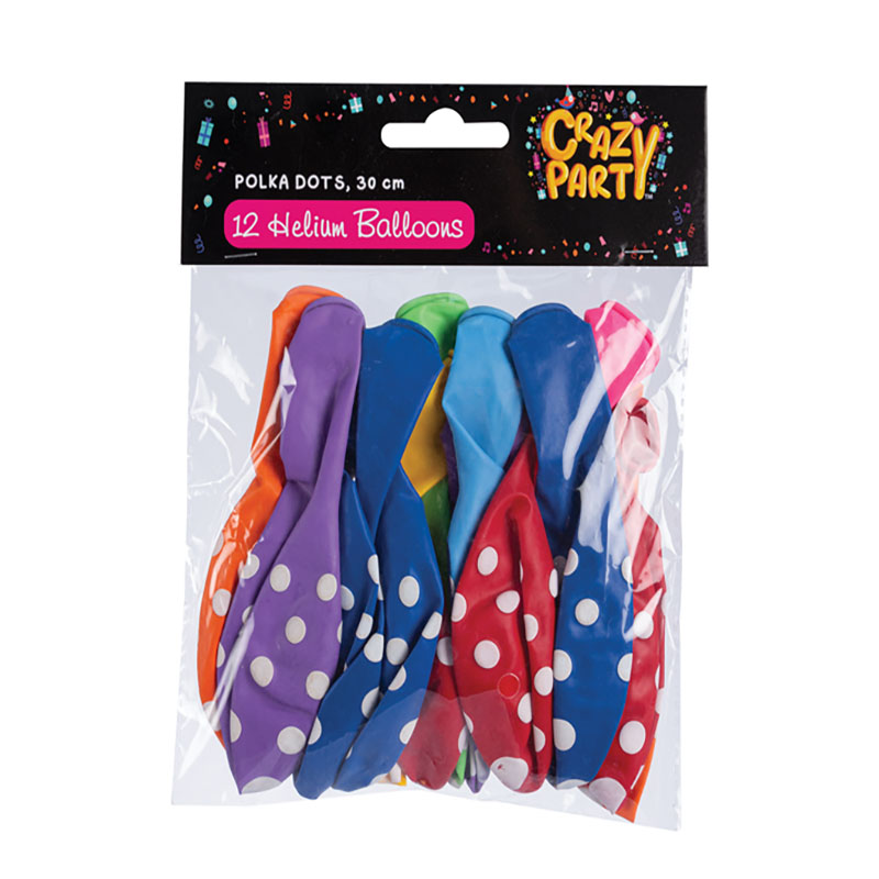 Helium Balloon – Assorted Colours – Polka Dots – 30cm – 6 Pack