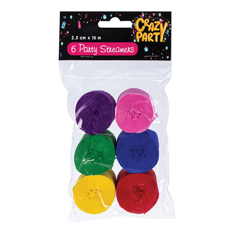 Streamers – Party Accessories – Assorted Colours – 2.5cm x 10m – 6 Pieces